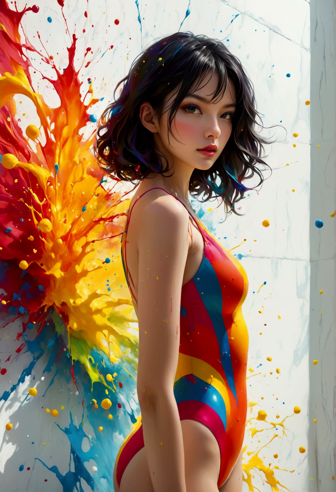 Create a masterpiece of digital visual delight featuring a beautiful female wearing a colorful one-piece swimsuit, standing in front of a white wall. A vibrant, explosive splash of paint radiates from the center of her swimsuit, seamlessly connecting the colorful explosion to the wall behind her. The burst of color originates from the center of her one-piece, with the vibrant reds, blues, yellows, and greens flowing outward in all directions, blending into the wall as if the explosion started from her swimsuit and spread onto the surrounding space.

The illusion should be striking, with the colors in her swimsuit perfectly aligned with the splash on the wall, creating a mesmerizing effect where the boundaries between the outfit and the wall blur. The detailed shading and vivid hues enhance the visual impact, giving the scene a dynamic, playful, and immersive quality. The composition celebrates the fusion of color and form, making the artwork bold and visually captivating.