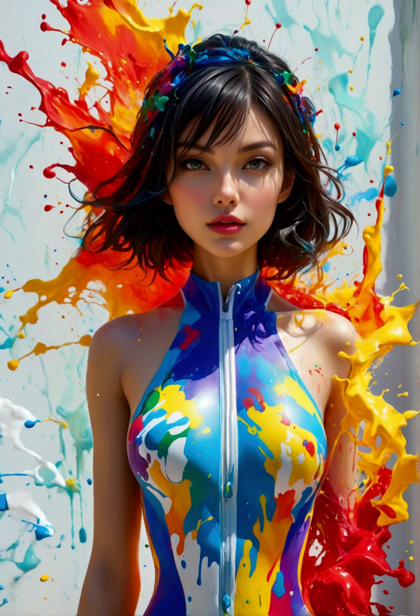 Create a masterpiece of digital visual delight featuring a beautiful female wearing a colorful one-piece swimsuit, standing in front of a white wall. A vibrant, explosive splash of paint radiates from the center of her swimsuit, seamlessly connecting the colorful explosion to the wall behind her. The burst of color originates from the center of her one-piece, with the vibrant reds, blues, yellows, and greens flowing outward in all directions, blending into the wall as if the explosion started from her swimsuit and spread onto the surrounding space.

The illusion should be striking, with the colors in her swimsuit perfectly aligned with the splash on the wall, creating a mesmerizing effect where the boundaries between the outfit and the wall blur. The detailed shading and vivid hues enhance the visual impact, giving the scene a dynamic, playful, and immersive quality. The composition celebrates the fusion of color and form, making the artwork bold and visually captivating.