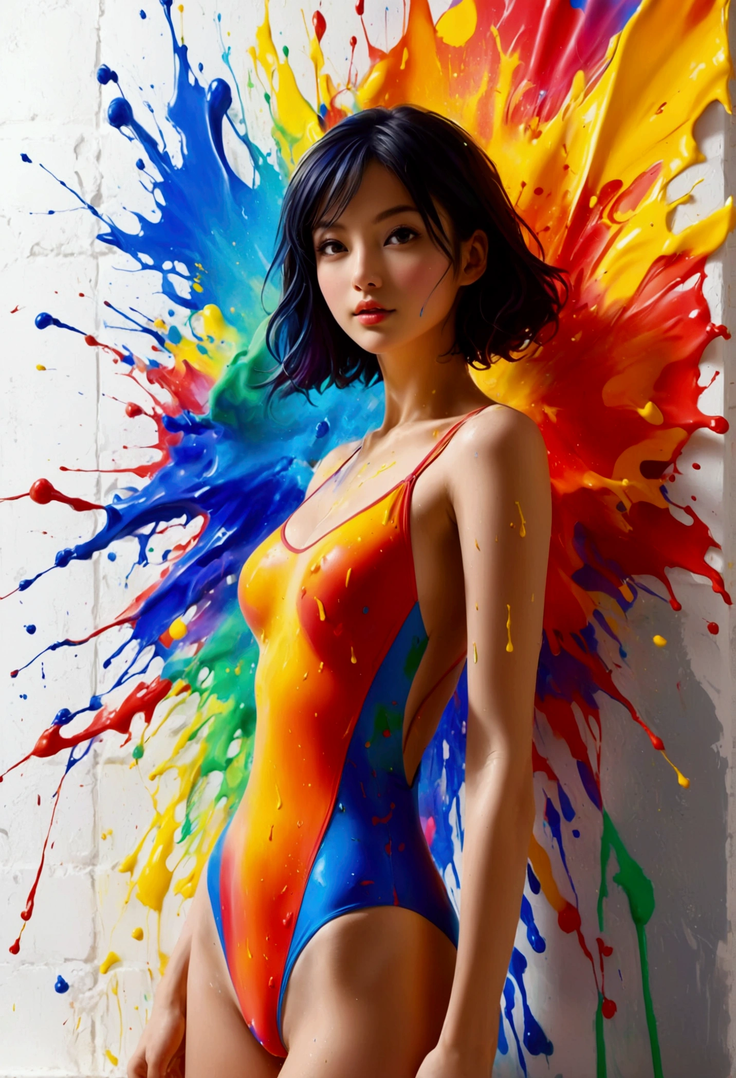 Create a masterpiece of digital visual delight featuring a beautiful female wearing a colorful one-piece swimsuit, standing in front of a white wall. A vibrant, explosive splash of paint radiates from the center of her swimsuit, seamlessly connecting the colorful explosion to the wall behind her. The burst of color originates from the center of her one-piece, with the vibrant reds, blues, yellows, and greens flowing outward in all directions, blending into the wall as if the explosion started from her swimsuit and spread onto the surrounding space.

The illusion should be striking, with the colors in her swimsuit perfectly aligned with the splash on the wall, creating a mesmerizing effect where the boundaries between the outfit and the wall blur. The detailed shading and vivid hues enhance the visual impact, giving the scene a dynamic, playful, and immersive quality. The composition celebrates the fusion of color and form, making the artwork bold and visually captivating.