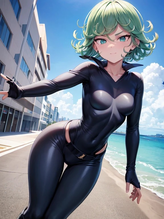 1 Girl, Tatsumaki, Short Hair, Green Hair, Very Small Breasts, Green Eyes, Glowing Eyes, smiling, Blushing, Closed Mouth, Piercing Gaze, Full Body, Black Collar, Tall, Thin, Shock Collar, Black Gloves, Black Chest Harness Belt, Light Blue Wrist Guards, Sleeveless, Light Blue Likeness Suit, Light Blue Suit With An Emblem, Orange Circular Emblem On Chest, Orange Emblem, Light Blue Pants, Gray Knee Pads, Metallic Light Blue Boots, Black Superhero Belt, City Background, Standing On A Pier By The Sea During Daytime, Looking At Viewer, Anime