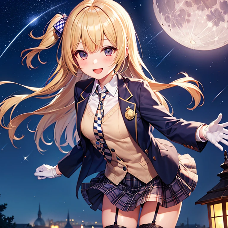 (Best Quality),One girl,smile、Open your mouth、hair_ornament、Short blonde、Small breasts、blazer、Normal necktie、Checkered mini skirt、White gloves、garter、Small ribbon、Stretch out one arm、In front of a European palace、Night sky with moon and shooting stars