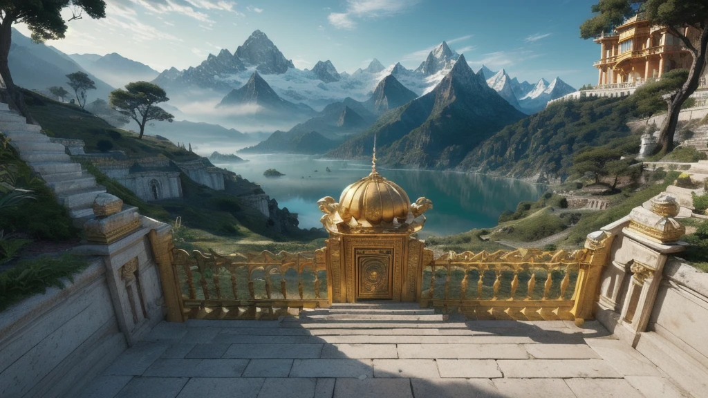 (((bottom to up view))), ((Unreal Engine 5)), ((Masterpiece)), ((ultra high definition)), ((ultra high resolution)), ((full sharpness)), ((maximum quality)), ((Cinematic)), ((8k)), ((a golden palace on a mountain)), ((majestic palace)), ((surrounded by bright green plants)), ((very detailed image)), ((very detailed palace)), ((very detailed mountains)), ((breathtaking view)), ((scene of ramayan)), ((palace of ravan)), ((palace of demon king)), ((mythic creatures flying)), ((high quality)), ((cinematic view))
