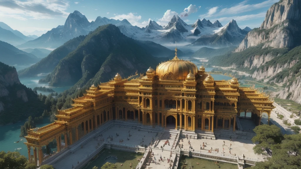 (((bottom to up view))), ((Unreal Engine 5)), ((Masterpiece)), ((ultra high definition)), ((ultra high resolution)), ((full sharpness)), ((maximum quality)), ((Cinematic)), ((8k)), ((a golden palace on a mountain)), ((majestic palace)), ((surrounded by bright green plants)), ((very detailed image)), ((very detailed palace)), ((very detailed mountains)), ((breathtaking view)), ((scene of ramayan)), ((palace of ravan)), ((palace of demon king)), ((mythic creatures flying)), ((high quality)), ((cinematic view))
