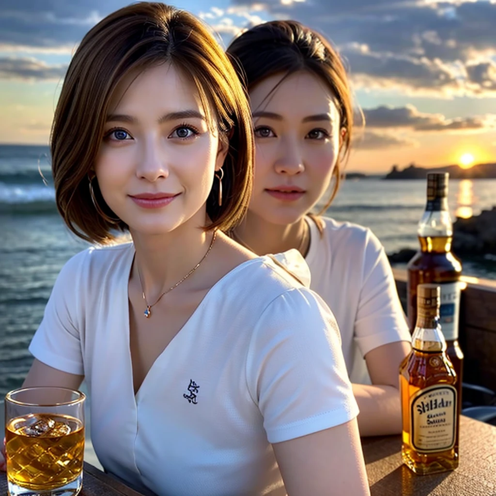 (Realistic, 超Realistic:1.4), 16K HDR, High resolution,Brown short hair,The best smile、Japanese actress,so beautiful(It looks like the real thing),Short sleeve dress,Whiskey Bottle、The Macallan、Johnnie Walker、、Old Parr、whiskey、Suntory、Nikka、Slim couple、Model Couple、(Realistic, Intricate details:1.2), Full course dinner、Whiskey bottle and glass on the table、Single Malt、scotch、Rocks glass、Shot Glasses、Whisky on the Rock、Scotland、Amazing view of the sunset sky and clouds、,Digital SLR camera, Soft lighting, Detailed Background, Written boundary depth, Volumetric lighting, Sharp focus, super Realistic 肌,so beautiful表現です,Cloud Effect:1.2、プロ品質のHigh resolution、Realistic facial features,Best Quality,Slim figure,Highly detailed face,Highly detailed eyes,Beautiful Lips,Excellent light particles,Cinema Lighting,blue eyes,