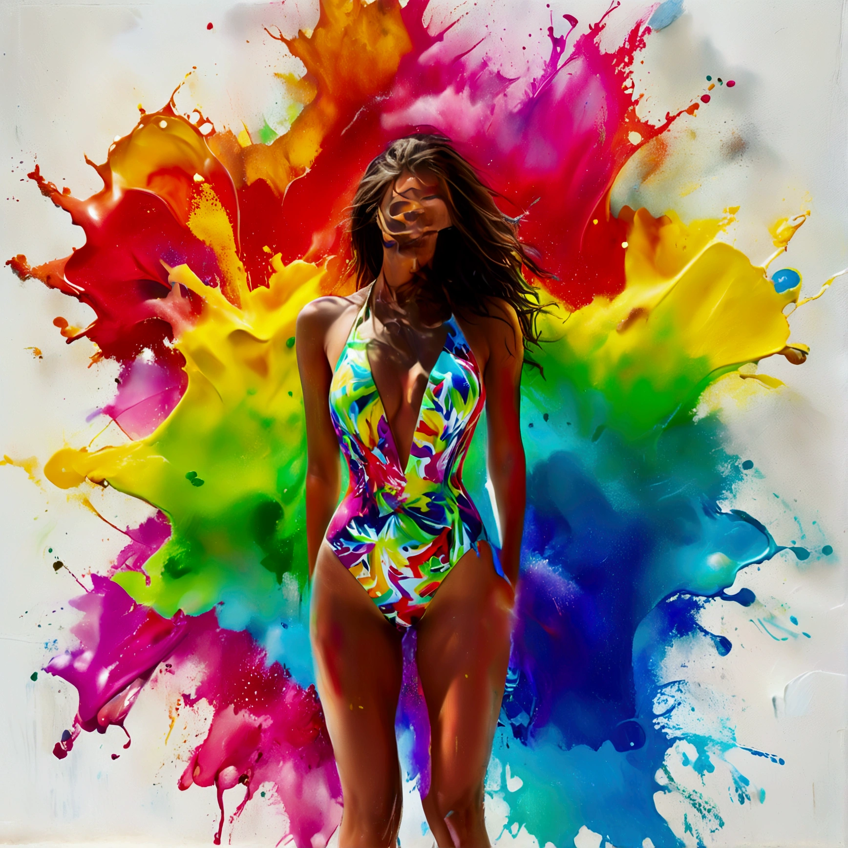 Create a masterpiece of digital visual delight featuring a beautiful female wearing a colorful one-piece swimsuit, standing in front of a white wall. A vibrant, explosive splash of paint radiates from the center of her swimsuit, seamlessly connecting the colorful explosion to the wall behind her. The burst of color originates from the center of her one-piece, with the vibrant reds, blues, yellows, and greens flowing outward in all directions, blending into the wall as if the explosion started from her swimsuit and spread onto the surrounding space.

The illusion should be striking, with the colors in her swimsuit perfectly aligned with the splash on the wall, creating a mesmerizing effect where the boundaries between the outfit and the wall blur. The detailed shading and vivid hues enhance the visual impact, giving the scene a dynamic, playful, and immersive quality. The composition celebrates the fusion of color and form, making the artwork bold and visually captivating.