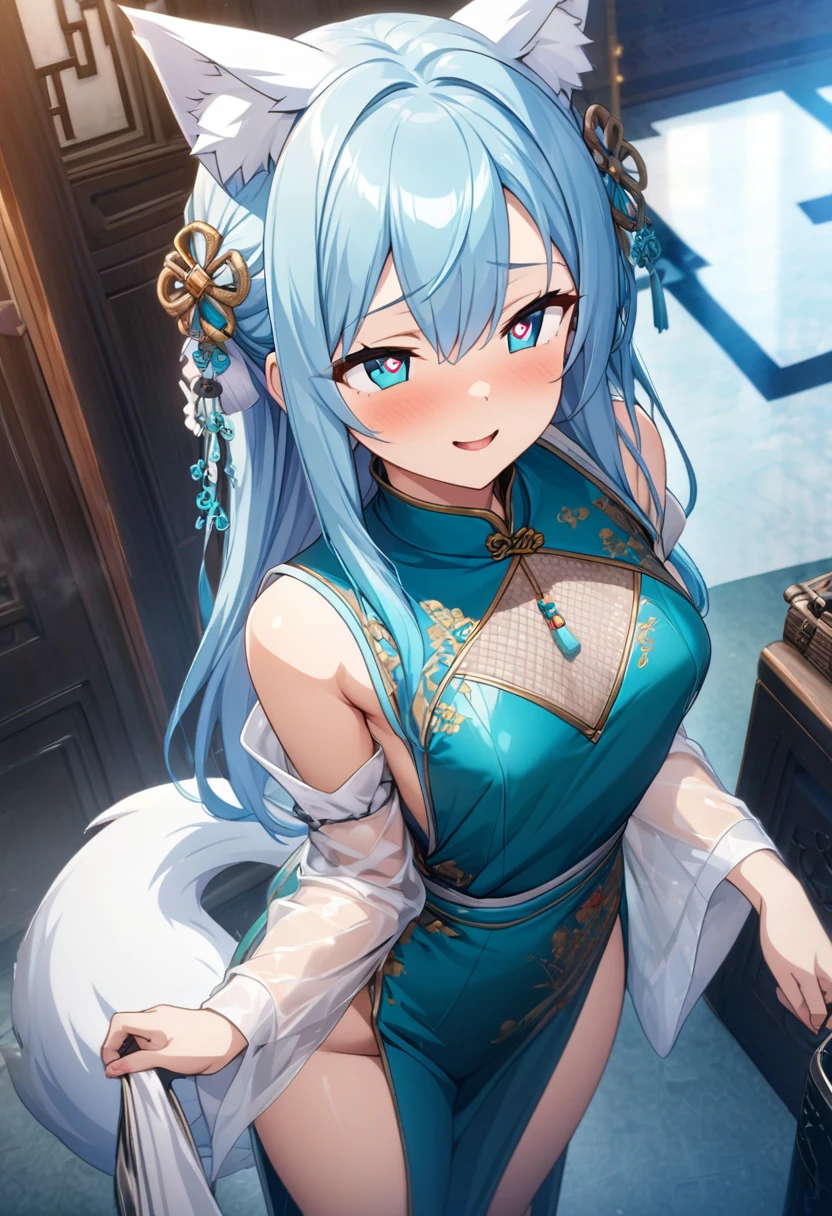 ((masterpiece, 最high quality:1.2), (Game CG), anime,high quality、masterpiece、High resolution、Adult、Sexual、Overall gloss、front、Cowboy Shot、High angle、Chinese style turquoise mini cheongsam、Chinese style turquoise blue outer collar、Shiny、The collar and patterns on the clothes are black embroidered、External Chinese style white transparent kimono-style sleeves,Long straight silver hair、Silver fox ears and tail、Beautiful eyes、Blue eyes and slanted eyes、Heart-shaped pupils、Maid frills on head、smile、Small and young、Small breasts、night、A gorgeous old Chinese-style hall、Standing still、Don&#39;t open your clothes、There are no human ears、No extra legs、No extra legs、No extra hands、No extra arms、Beautiful Eyes、Beautiful Hair, Beautiful Face, Fine and beautiful eyes, Beautiful clavicle, Beautiful body, Beautiful breasts, Beautiful thighs, Beautiful legs, Beautiful fingers