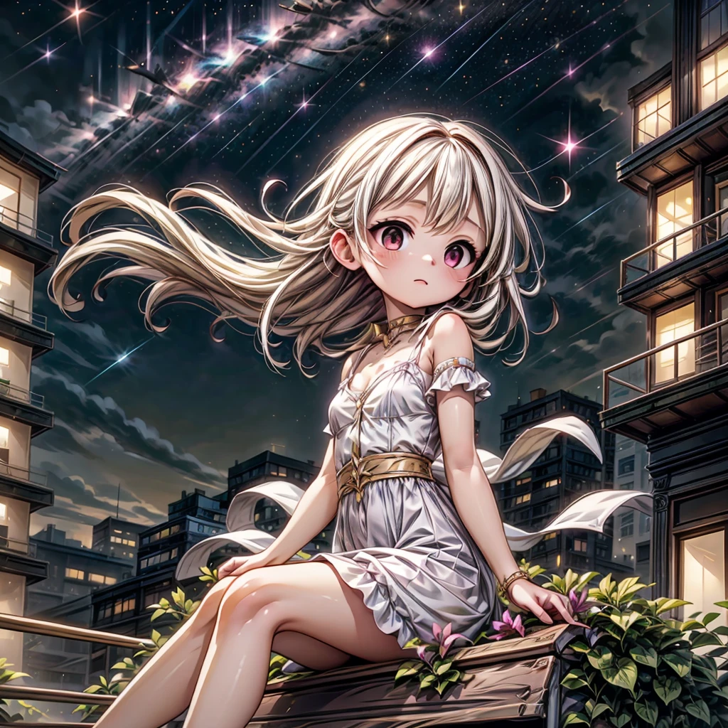 1girl,Cute and unique,💛、Magenta、Sitting on the roof of a skyscraper and gazing at the stars