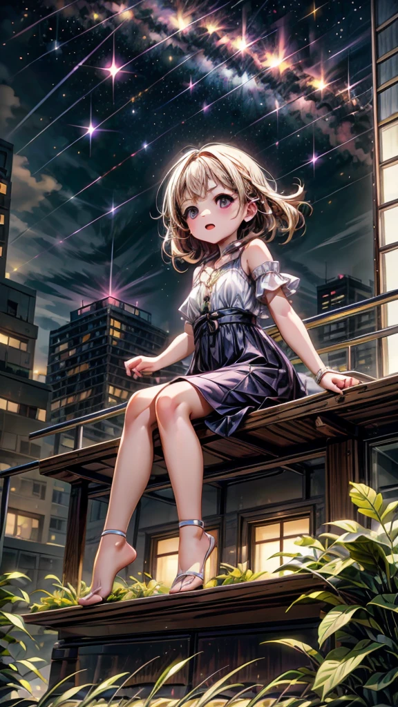 1girl,Cute and unique,💛、Magenta、Sitting on the roof of a skyscraper and gazing at the stars