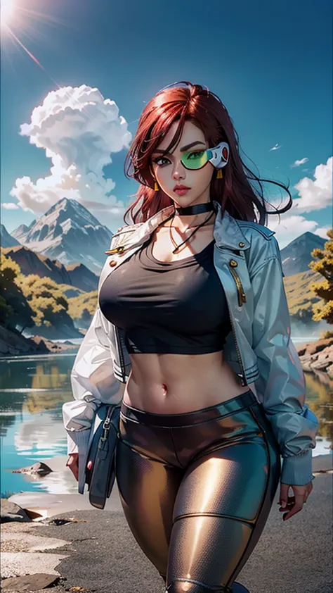 landscape with mountains, stream, pine trees and cloud, red head with green eyes wearing crop top with jacket and sport pants ho...