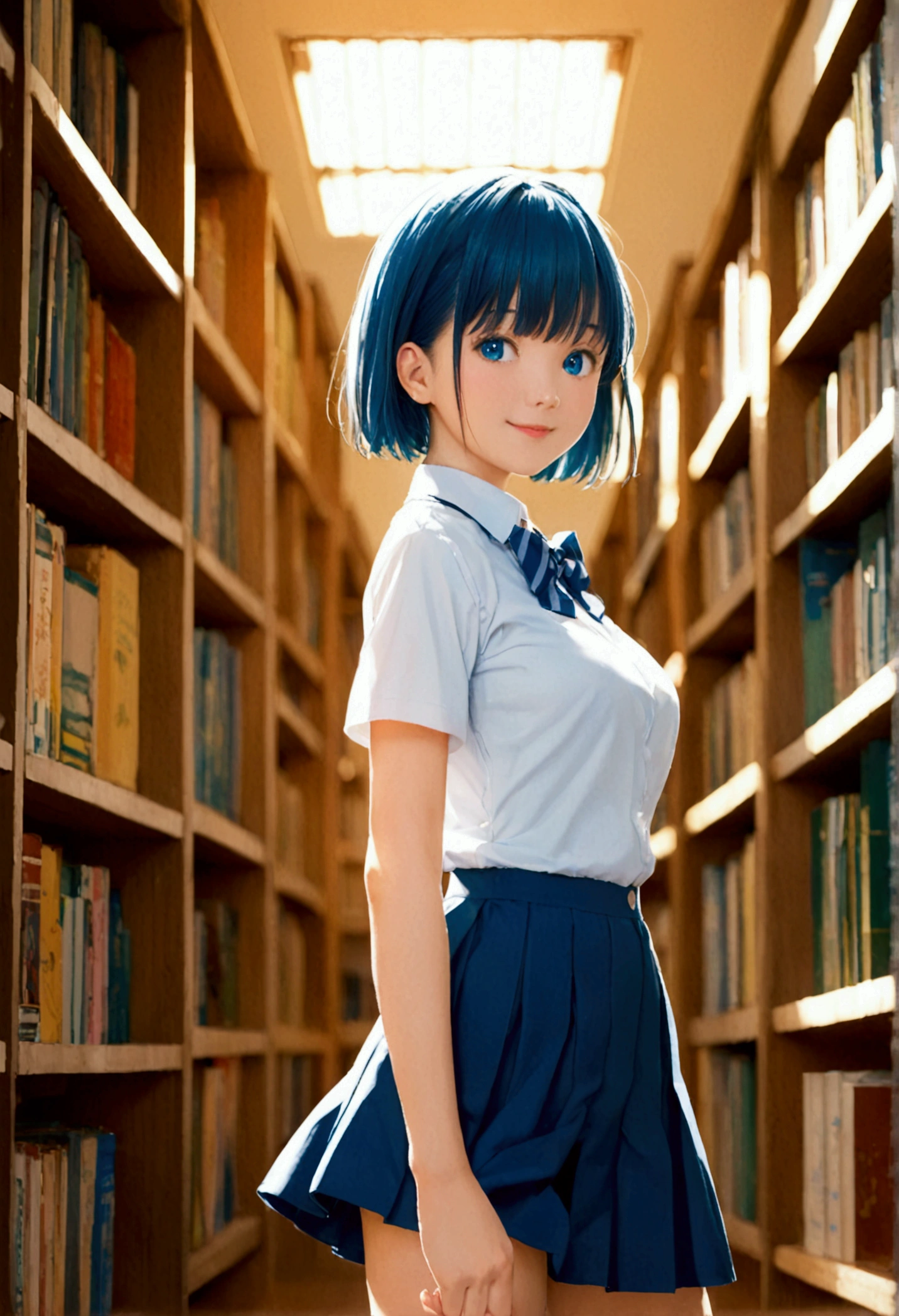 score_9, score_8_up, score_7_up, nakano nino, short hair, medium breast, slim legs, happy, cleavage, short skirt, navel, blue eyes, school uniform, thigh high socks, standing, library, 