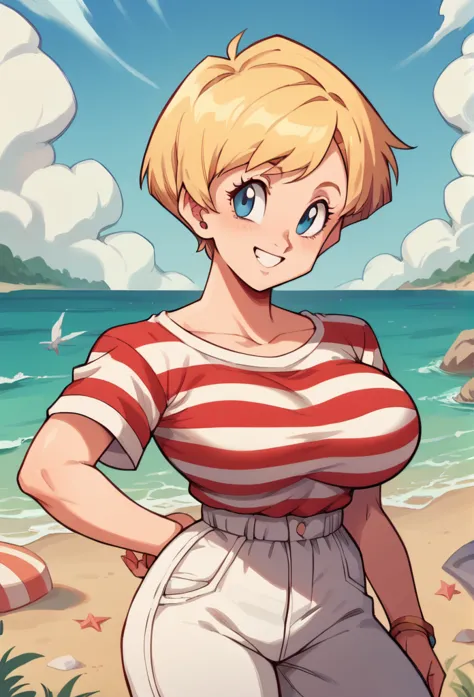 1 , alone, short hair, blonde hair, big breasts,high resolution, masterpiece, anatomically correct, necessary, high details, blu...