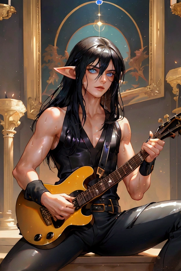 Best quality, 1 beauty male, (Black Semi Long Hair, Blue Eye), Adult Male Elf, He is Singing & Playing the electric guitar, Spread Legs, Dynamic Angle, Outdoor, Music Festival in Sea, Big Balls, Gay, Sexy, V Neck Sleeveless in Mesh, Skinny Pants, Cloting Color Is Black & Gold, Dramatic story, (((Masterpiece))), ((Pale Skin With Shiny)), ((Ultra Detailed Face & Eyes & Fingers with Hairs & Clothing), (((Gothic intricate design))), Slim muscle, Adult body, Soaking wet clothing, ((Windy)), People Taking a picture,