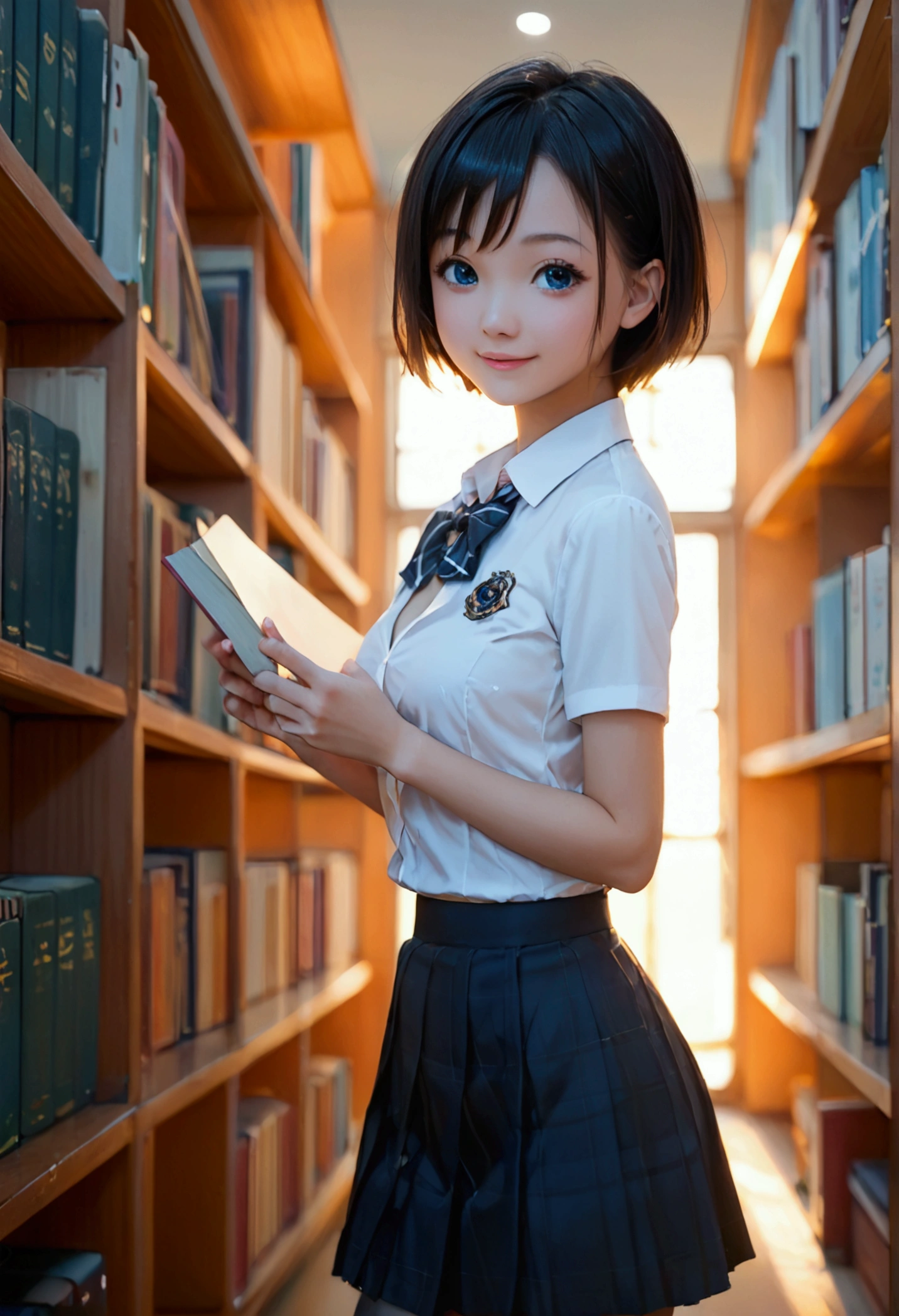 score_9, score_8_up, score_7_up, nakano nino, short hair, medium breast, slim legs, happy, cleavage, short skirt, navel, blue eyes, school uniform, thigh high socks, standing, library,
