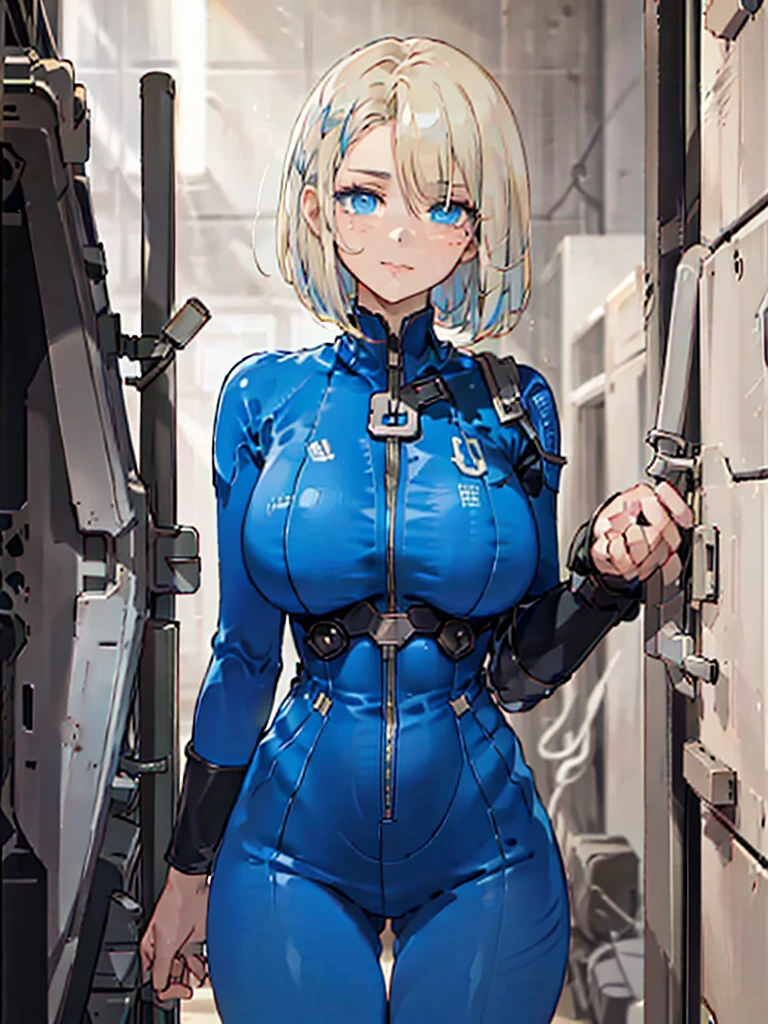 ((SFW)), ((head-to-waist portrait)), ((solo)). ((1girl, youthful adult woman)), ((blue eyes, cyan eyes, light blue eyes, sapphire eyes, beautiful eyes, expressive eyes, calm expression, serene expression, slight smile)), ((light blonde hair, bob, stylish bob, elegant bob, inverted bob, uneven hairstyle, asymmetrical hairstyle)), ((slim, slender, thin, huge breasts:1.5, large breasts, big breasts, round breasts:1, heavy breasts:1, round shoulders, delicate shoulders, soft shoulders, long legs:1)), ((vault suit, bodysuit, tight bodysuit, taut bodysuit)). ((Anime)), ((high quality, masterpiece, 32k, detailed face, detailed eyes, detailed hair, detailed outfit)), ((dishwasher1910)), (realistic proportions), (good anatomy), cinematics, vault, vault interior, corridor, cinematic lighting, perfect lighting, depth of field