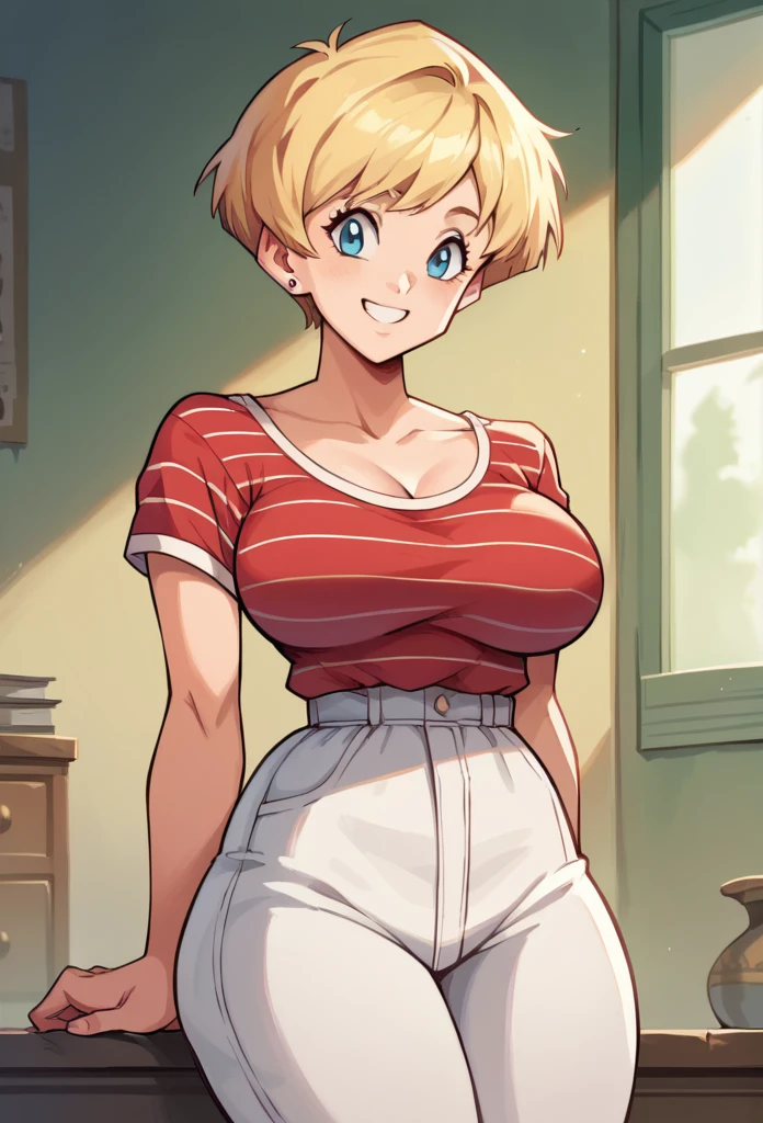 1 , Alone, short hair, blonde hair, Big breasts,high resolution, masterpiece, Anatomically correct, Necessary, high details, blue eyes, Smiling, on the School, white and red striped blouse, white pants,thick thighs 