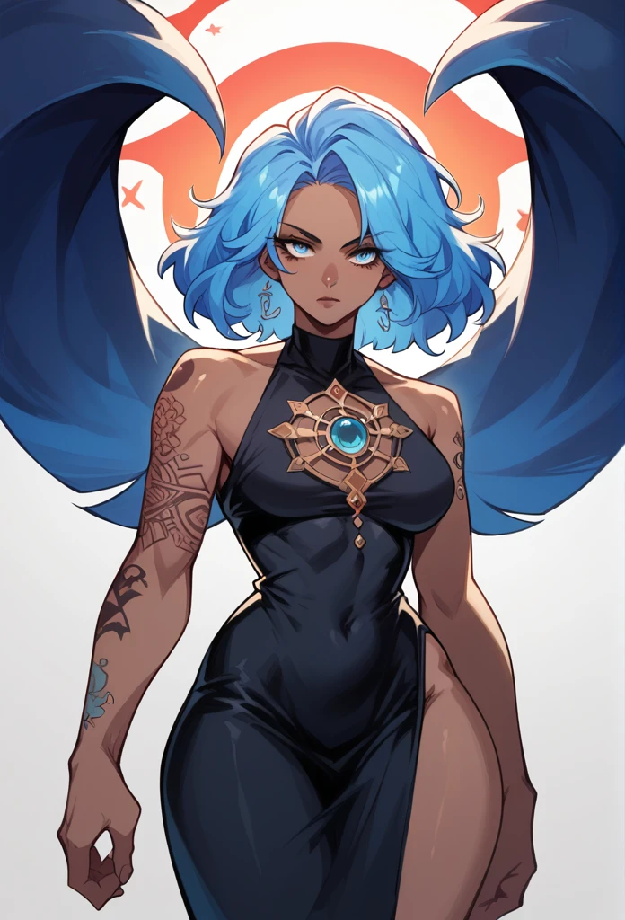 Dark skinned kid  woman, long blue hair, Black dress , tattoos, blue eyes,