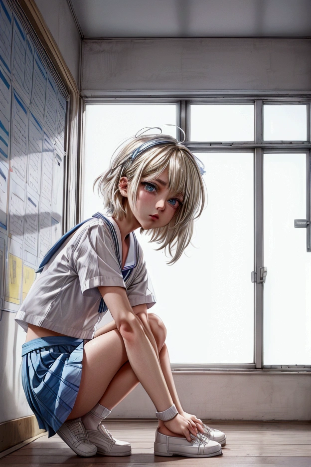 Anime style, Highres, Masterpiece, Best quality at best, Best Quality, hight quality, hight detailed, young blonde girl, perfect  body, cute, detailed light blue eyes, detailed eyes, short hair, messy hair, pastel rainbow inner hair color mesh, Neutral Facial Features, crouching down, front view, wears white sailor suit, boy chest, pink tie, Blue sailor skirt, mini skirt, without breasts, beautiful long legs, white stockings over knee, perfect black school shoes, perfect body, classroom at school, highest quality, panties