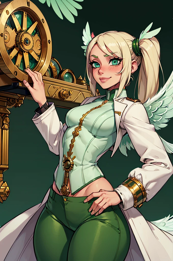 a (((small chested girl))) with ((muscular body)),faint six pack,wide hips,thick thighs,blonde hair,((bright green eyes)),bedroom background,((Sage top)),((Sage pants)),((white armored overcoat)),((((clockwork wings)))),smiling,heavy blush,pigtails, 