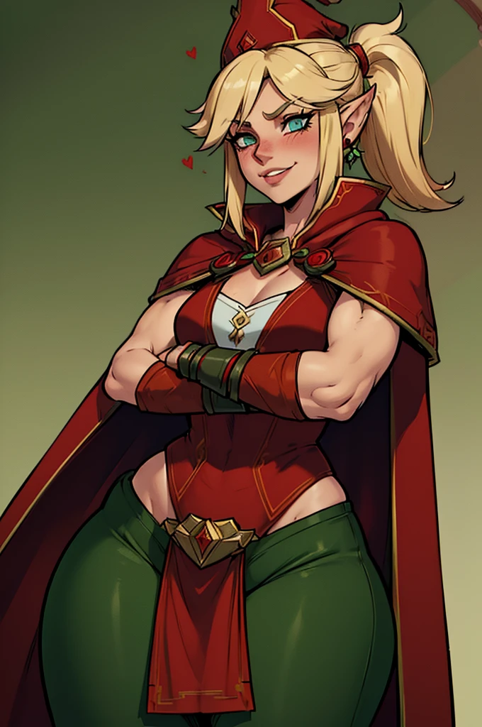 a (((small chested girl))) with ((muscular body)),faint six pack,wide hips,thick thighs,blonde hair,((blonde eyebrows)),((bright green eyes)),((human ears)),bedroom background,((red mage hat)),((red mage top)),((red mage pants)),((red mage overcoat)),((((red mage cape)))),smiling,heavy blush,pony tail 