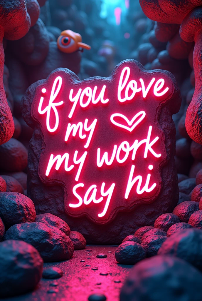 Design me a sign that says "If You Love My Work Say Hi" in 3D Wild Neon Logo on a Wild Surrealistic Background 