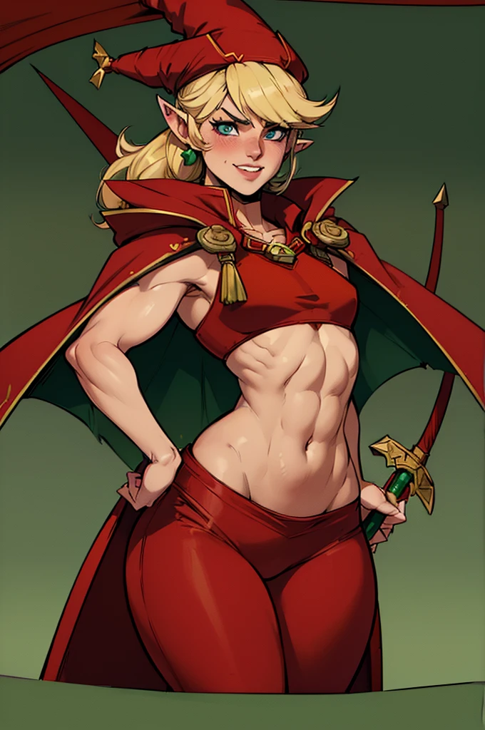 a (((small chested girl))) with ((muscular body)),faint six pack,wide hips,thick thighs,blonde hair,((blonde eyebrows)),((bright green eyes)),((((round ears)))),bedroom background,((red mage hat)),((red mage top)),((red mage pants)),((red mage overcoat)),((((red mage cape)))),((rapier)),smiling,heavy blush,pony tail 