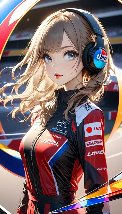 wearing a japan formula 1 racing  attire, beautiful japan super model, big round bright eyes, golden ratio posture. high detail ...