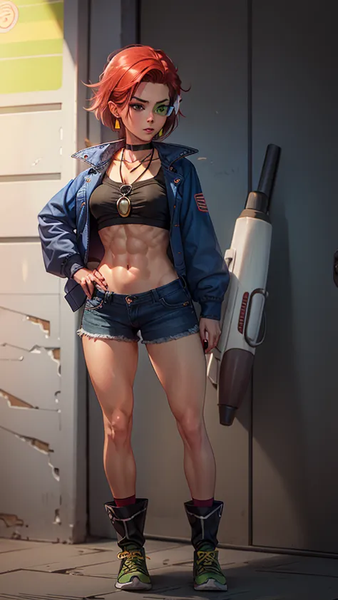 red head with green eyes wearing crop top with jacket and denim shorts, holding an ak47, raising right eyebrow, dark eyeliner, b...