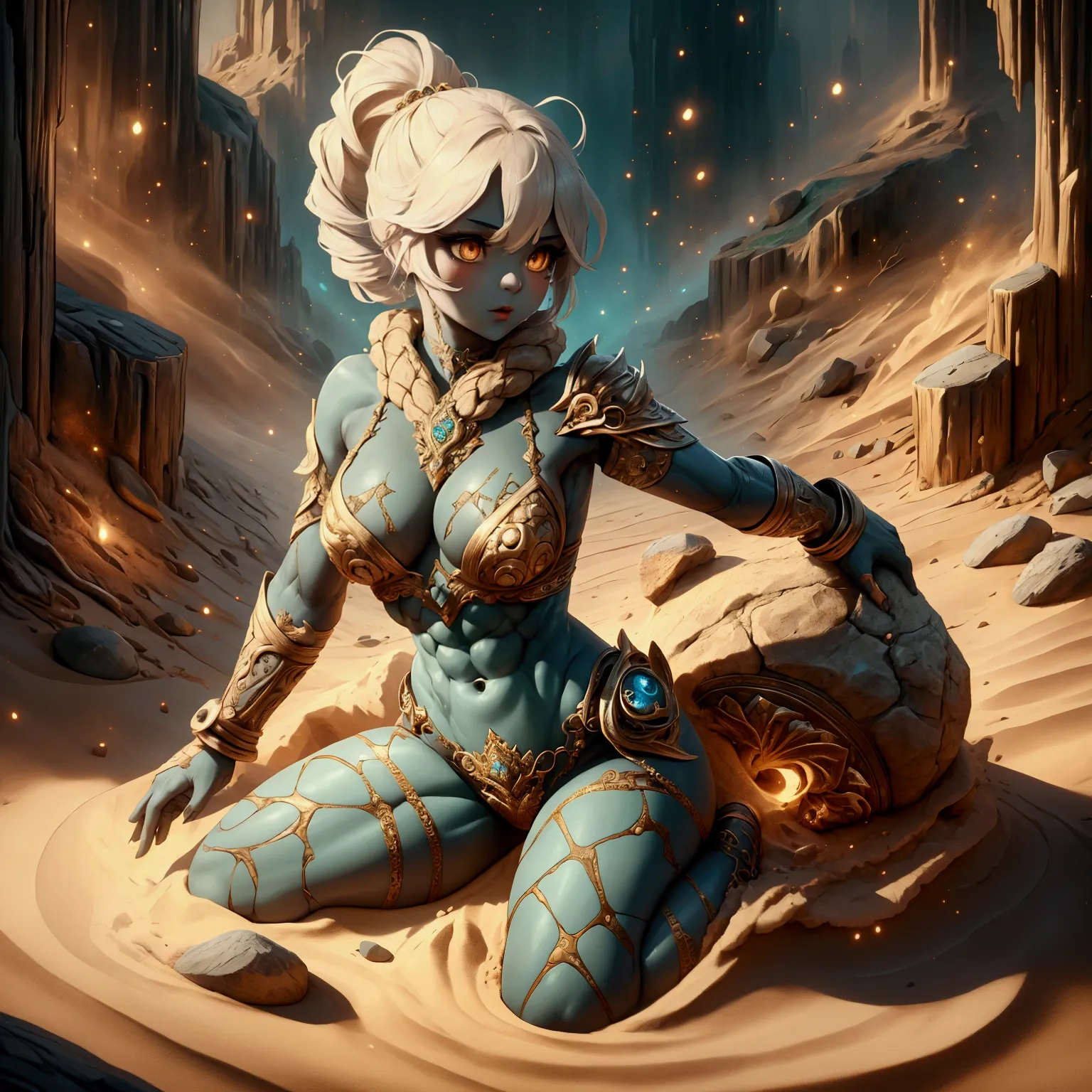 female, golem, skin made of stone, sexy, fighting, wild hairstyle, fantasy steppe background, well-toned abs, swirling sand,