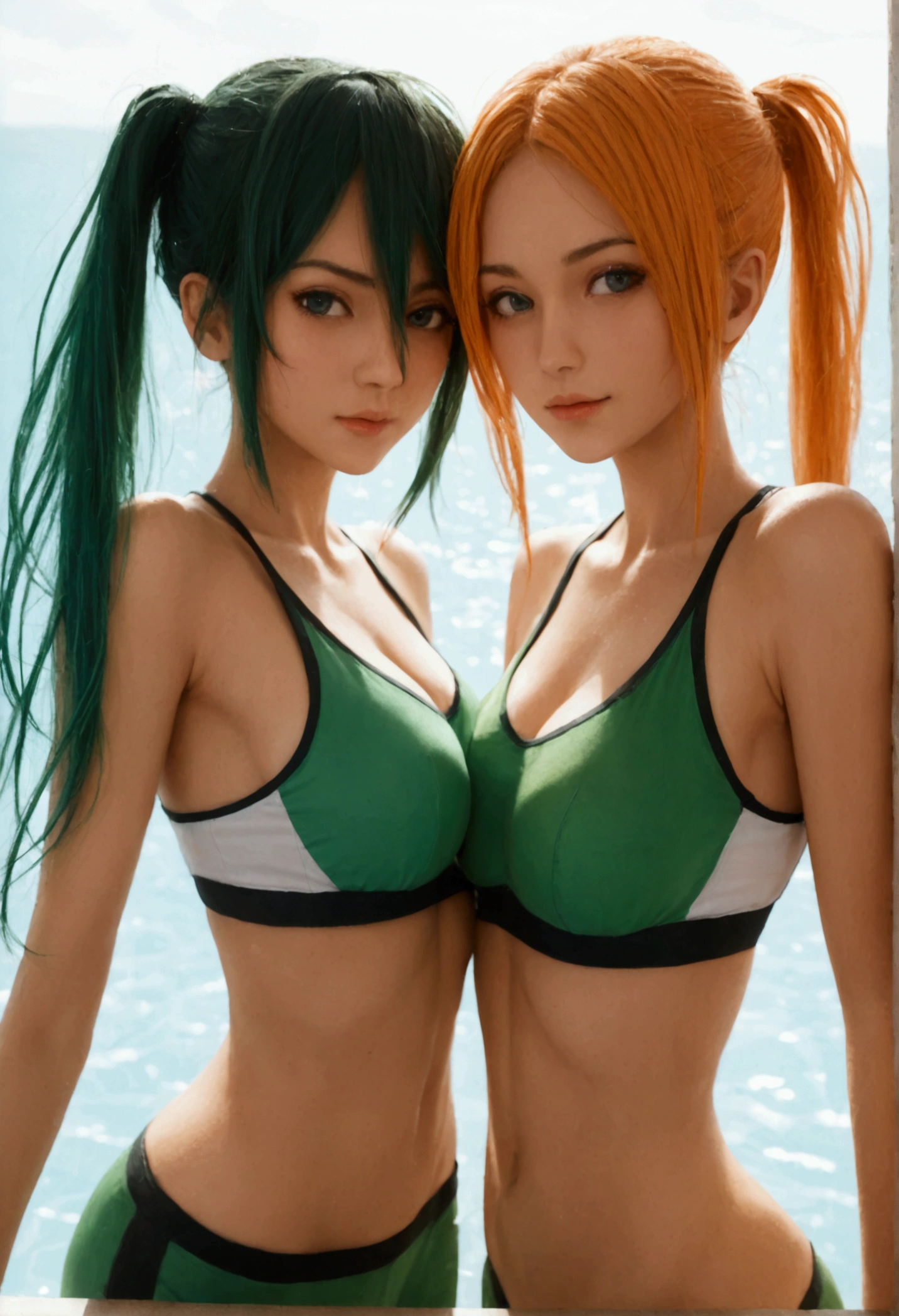 score_9,score_8_up,score_7_up, Two girls hugging each other，（The act of undressing.），Ponytail braid，Wear damp green sportswear，Soaked sportswear，Sweat all over the body，（Extremely huge super swollen breasts, Z-cup breasts.）