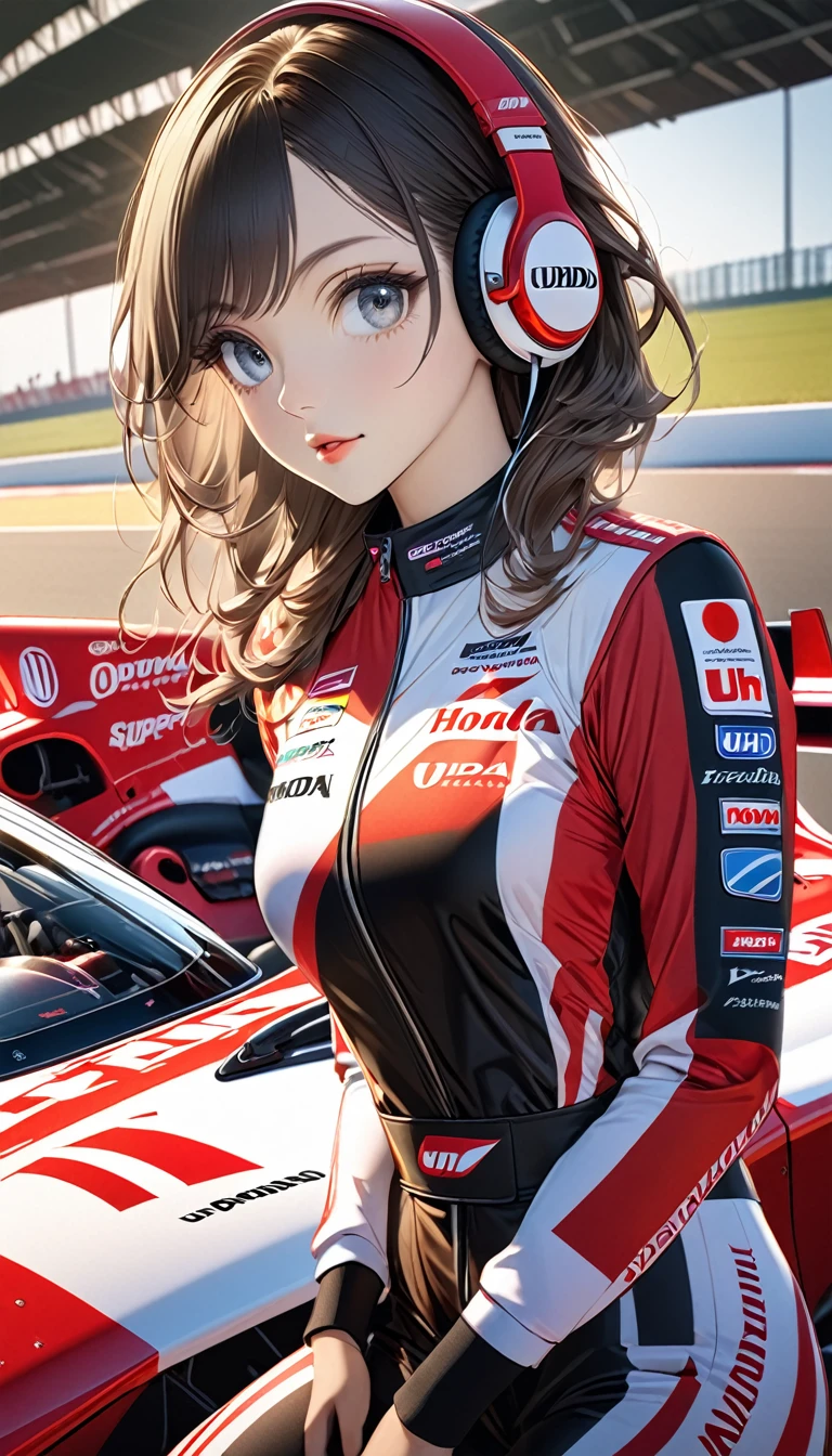 Wearing a japan formula 1 racing  attire, beautiful japan super model, big round bright eyes, golden ratio posture. High detail costume. Detailed "Honda Racing" sponsor patch printed on costume. Divine sporty look, luxury headphone piece,  indonesia flag, summer season, uhd, high res