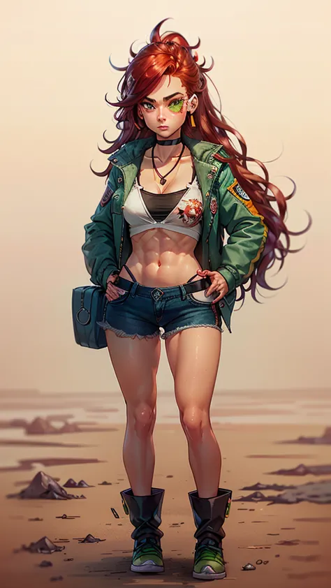 red head with green eyes,, long wavy hair, wearing crop top with jacket and denim shorts, holding a pistol, freckles balonder, h...