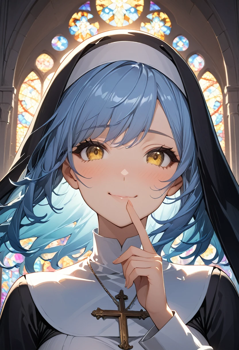 score_9, score_8_up, score_7_up, score_6_up, backlighting, light rays, 1girl, adult woman, best perfect anatomy, medium breast, thin, curve body, nun, deep blue hair, bangs hair, yellow eyes, Pretty Face, Smiling expression, shy, calm, looking a view, highres, highest quallity, illustration, cinematic light, dramatic shading, evening days, good lighting, volumetric lighting, backlighting, light rays, close up of your face, fingersmile, finger to mouth, (background : stained glass, church, arch),