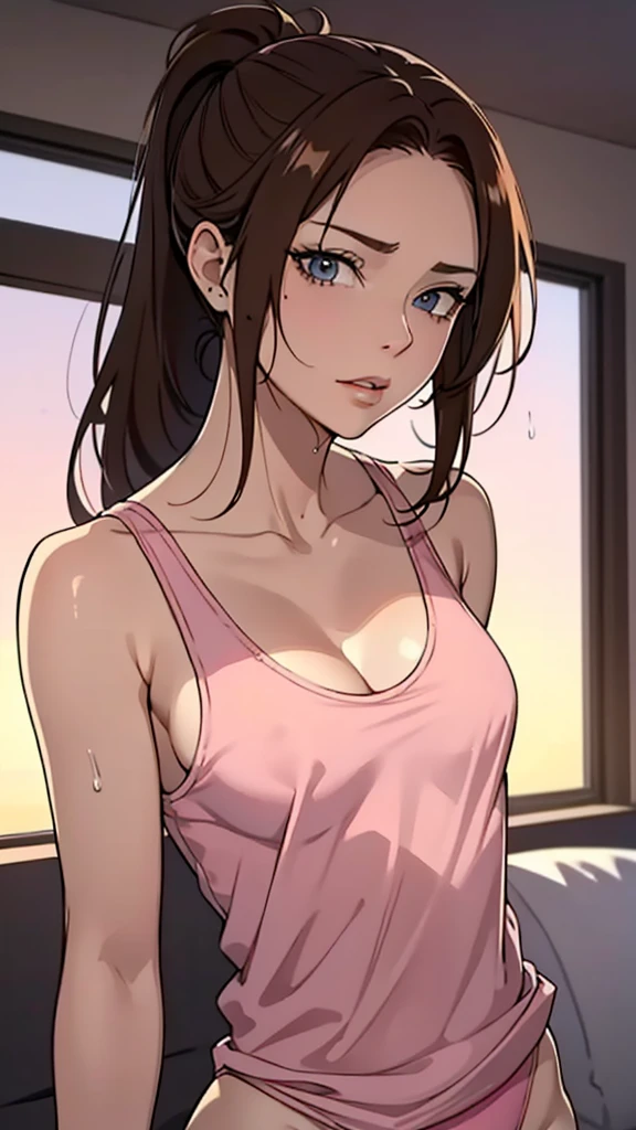 {8k image},  with intense rain，， 2 russian girl，Raised sexy，drenched all over the body，clothes see-through:1.2,, c cup，Wet hair, woman brown wavy hair and a ponytail. torn clothes. (pink summer tank top), damaged clothes, Cleavage, exposed.  {looking directly at the viewer}, {facing forward}, {perfect anatomy}, {image focused only on the face}, {face portrait}, livingroom background, small sized breasts, camel toe, sunset