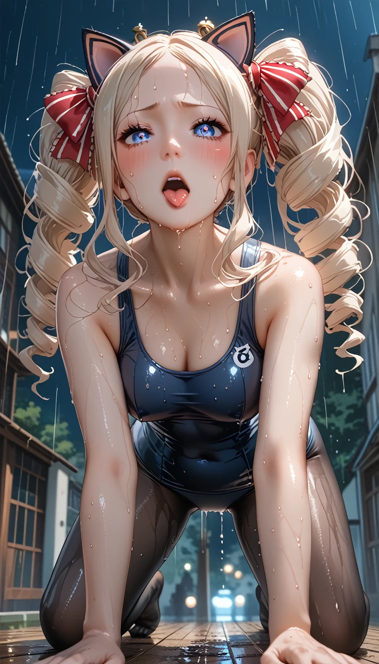 (((double twintail  hair)))、((side spiral curls))、(((beatrice)))、(sweaty skin)、 (Highest quality, 8k, 32K, masterpiece, Ultra-high resolution:1.2)、blush、(Sweat:1.7)、((blush)),(((Shining Light))),accurate to the human body、Correct five-finger、Highly detailed face and skin texture, Natural neck length, Beautiful Hands, glossy lip gloss、Long eyelashes、Gloss Face 、A seductive look of sweet seduction, (Oily skin、Realistic skin texture、Beautiful skin in every detail、Glowing Skin),(((Annoyed))),(looking at viewer),(((oily body))),(((ahegao))),(steam),(((latex)))、from front,((on all fours)),open legs,(((school swimsuit))), (night village),((arm pit))、dynamic pose、((from below))、orgasm、(((looking down)))、(((cat eyes)))、arms up、big eyes,(((heavy rain)))、dynamic pose、((get wet in the rain))、(((get soaking wet)))、(((drenched in the storm)))、((large tights))、(((((very wet)))))、long nipples