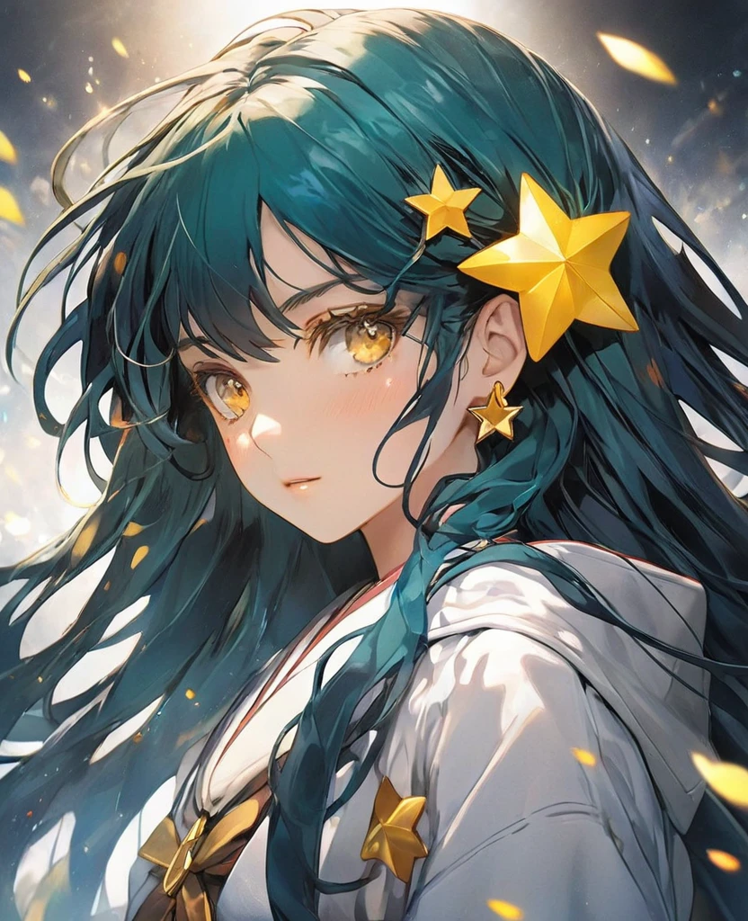 Anime girl with long dark turquoise hair, yellow eyes, yellow star pin in her head