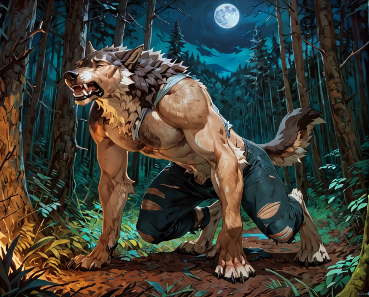 male wolf mid transformation, solo, masterpiece, best art, full body, digitigrade, by patto, by oouna, torn pants, torn shirt, detailed hands, detailed eyes, detailed torso, forest, painful, transformation, human face, standing, night, moon, all fours, pecs, closed eyes, looking at the moon, howling up, crying