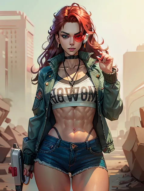 red head with green eyes,, long wavy hair, wearing crop top with jacket and denim shorts, holding a pistol , raising right eyebr...