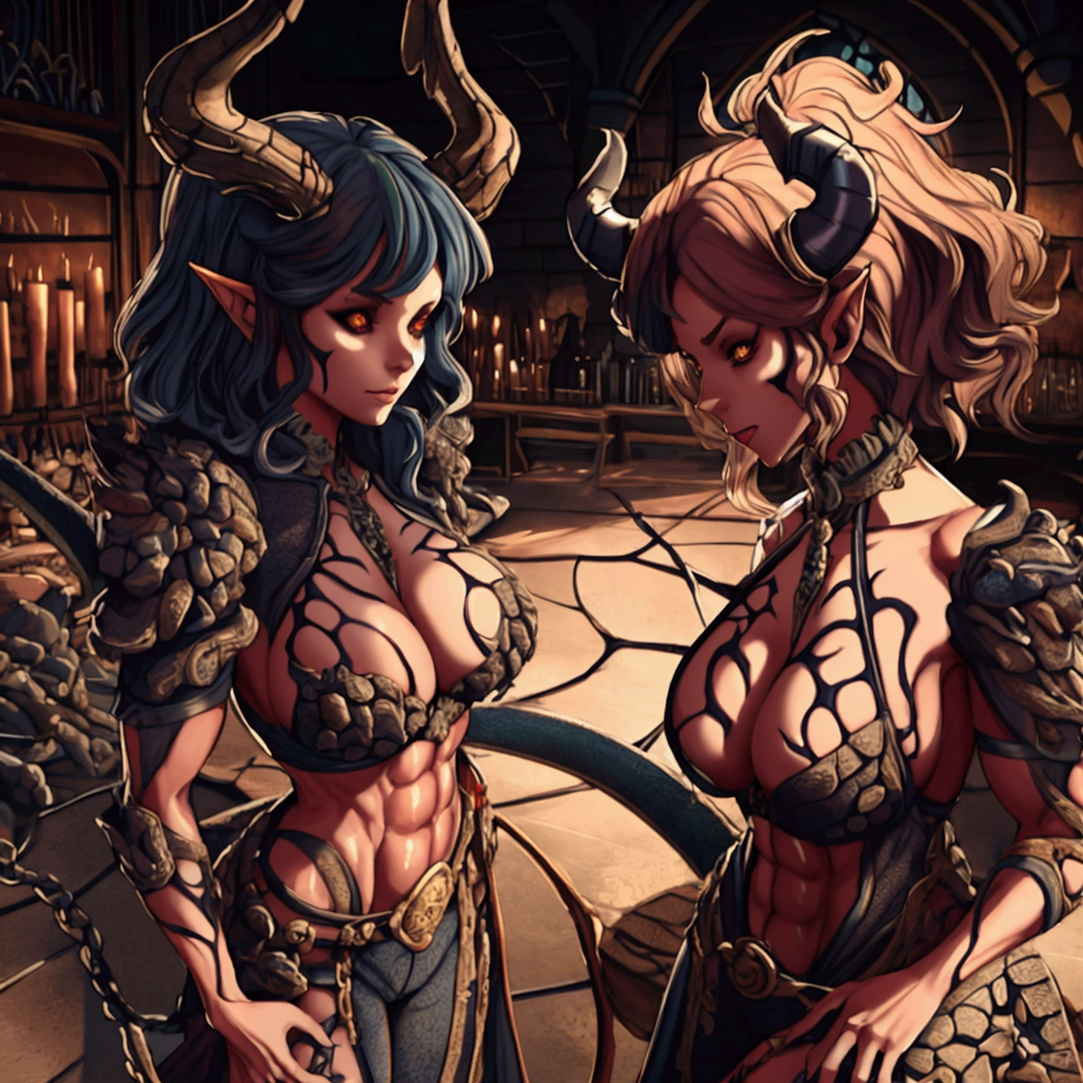 female, gargoyle, demonic horns, sexy, fighting, wild hairstyle, fantasy stained glass cathedral background, well-toned abs, swirling magic, muscular