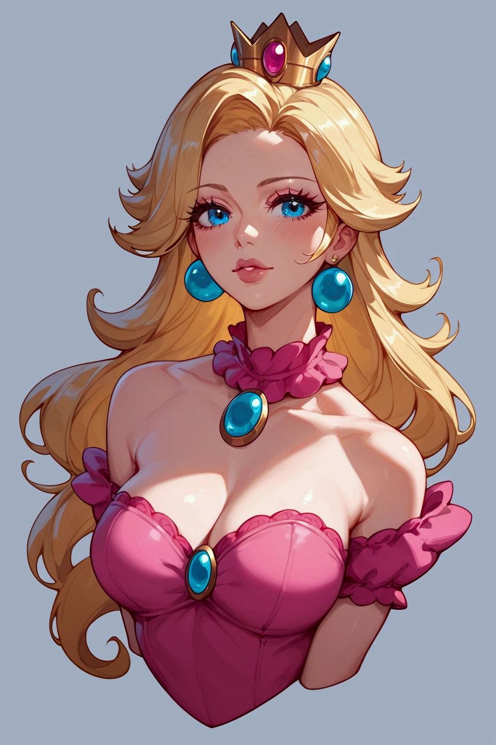 score_9, score_8_up, score_7_up, Miss Fortune (league of legends), 1 girl, blue eyes, blonde hair, sexy, full body, squinty eyes, earrings, long eyelashes, sexy, big bust, pretty face, dressed as peach (Mario Bros), pink dress