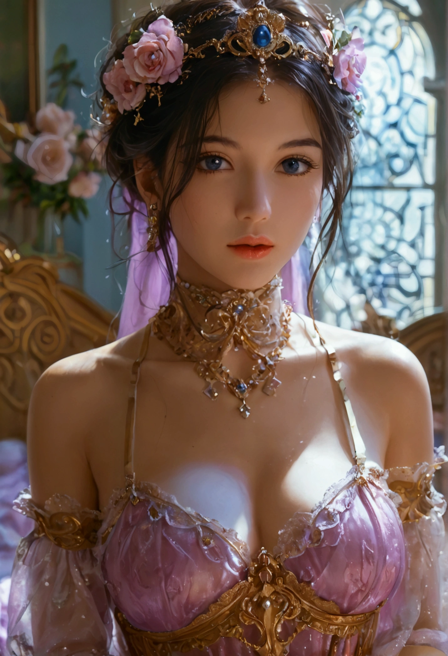 (score_9,score_8_superior,score_7_superior), 1girl, (beauty breast), (upper body), ((very transparent) dress), (erotic_dress), indoor bedroom castle (blur background), (masterpiece), (aphrodite goddess), pretty young face, adept art, very best quality detailed face:1.5, (8k HD graphic, (soft and chill light), best quality detailed ultra highres:1.2 dynamic lighting, artstation, winner photography, volumemetricslighting), gカップの胸, 