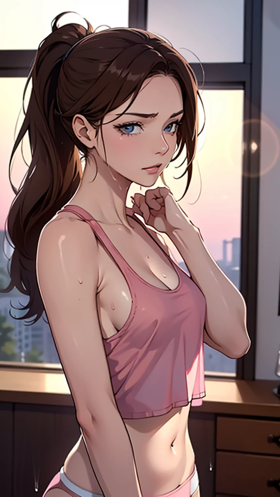 {8k image},  with intense rain，， 2 russian girl，Raised sexy，drenched all over the body，clothes see-through:1.2,, c cup，Wet hair, woman brown wavy hair and a ponytail. torn clothes. (pink summer tank top), damaged clothes, Cleavage, exposed.  {looking directly at the viewer}, {facing forward}, {perfect anatomy}, {image focused only on the face}, {face portrait}, livingroom background, small sized breasts, camel toe, sunset