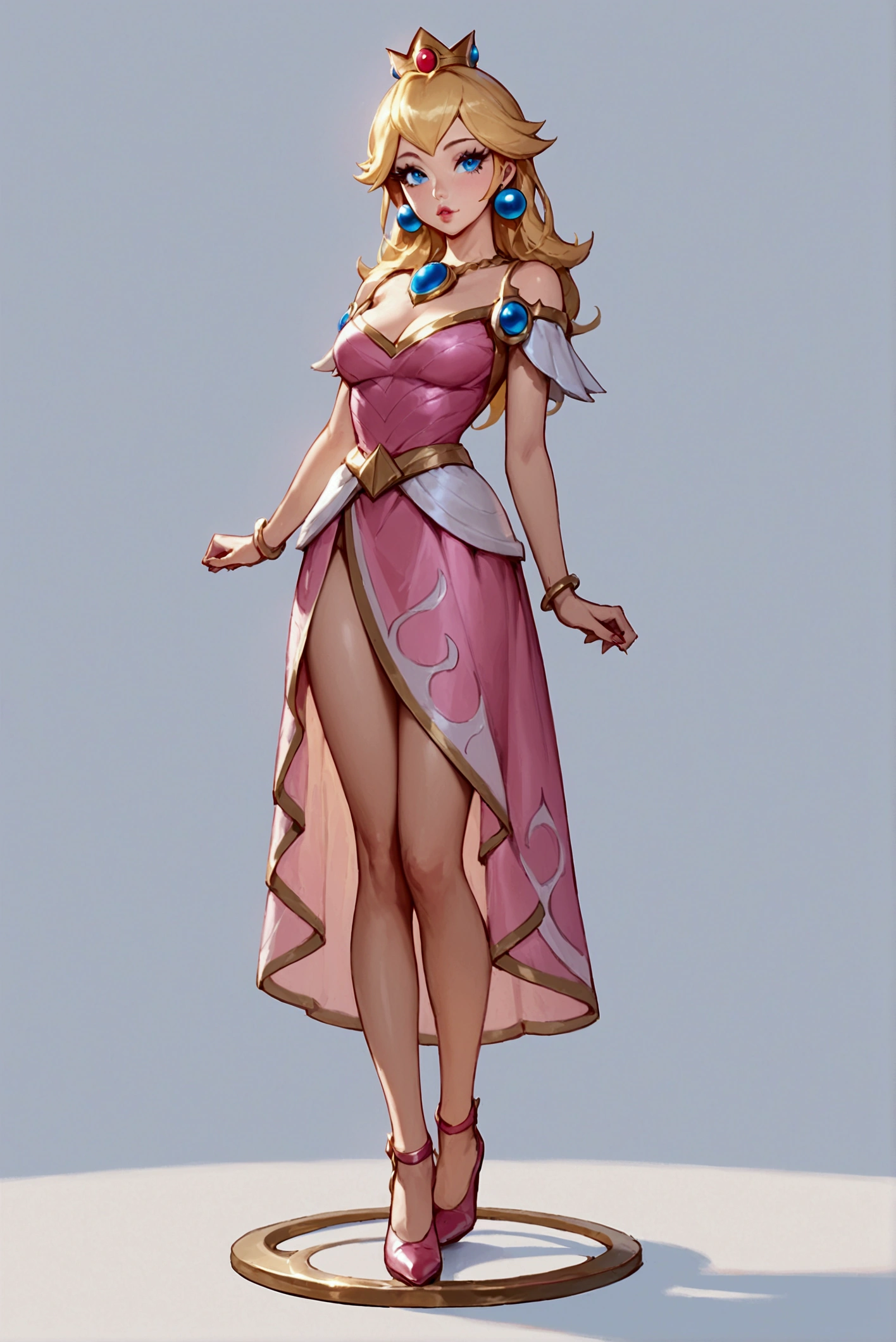 score_9, score_8_up, score_7_up, Lux (league of legends), 1 girl, blue eyes, blonde hair, sexy, full body, squinty eyes, earrings, long eyelashes, sexy, big bust, pretty face, dressed as peach (Mario Bros), pink dress