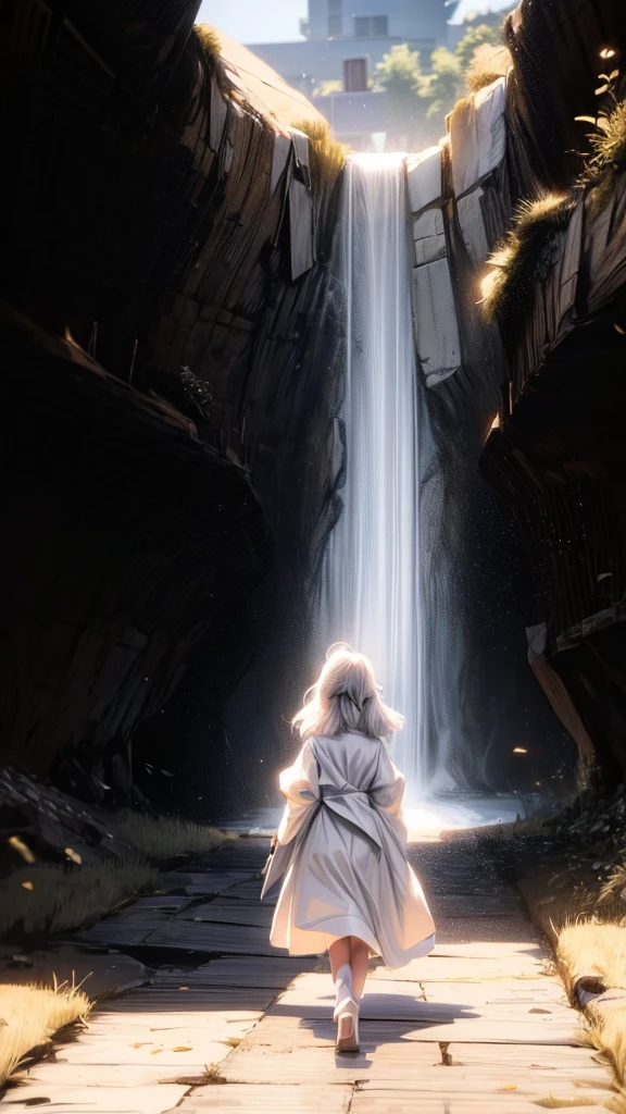 Zoomed out photo of a cute white haired anime woman in black in a mine, view from back, she has medium breasts, full body, blank background