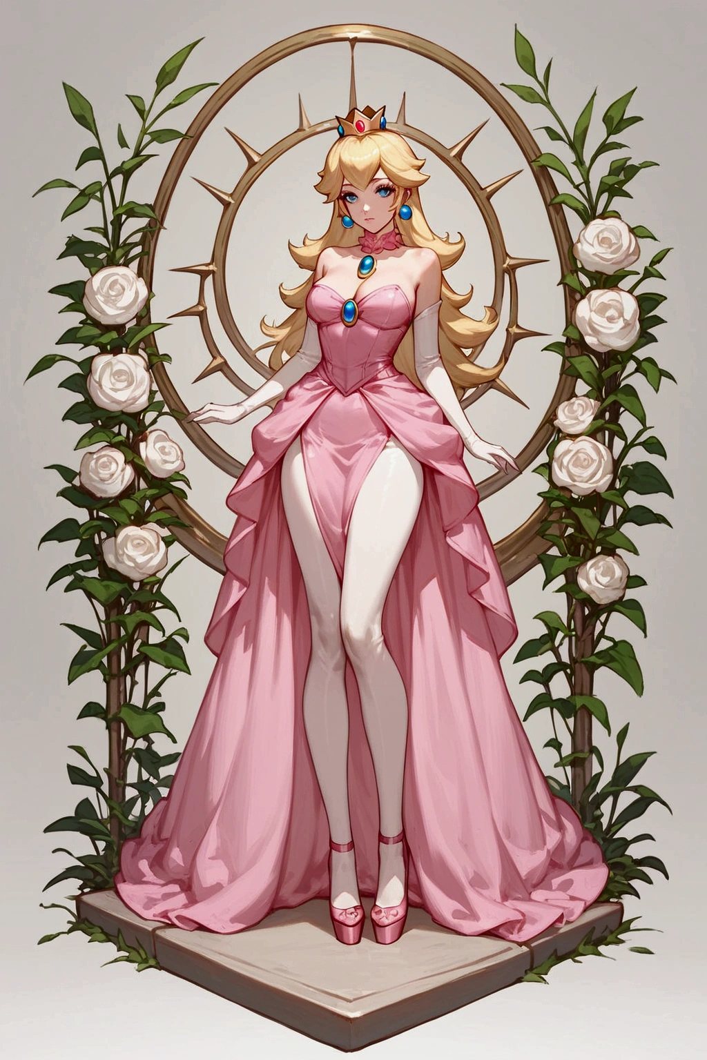 score_9, score_8_up, score_7_up, Lux (league of legends), 1 girl, blue eyes, blonde hair, sexy, full body, squinty eyes, earrings, long eyelashes, sexy, big bust, pretty face, dressed as peach (Mario Bros), pink dress