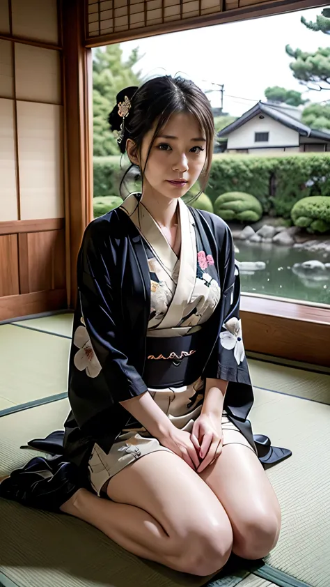 (black kimono with white floral pattern:1.3、miniskirt kimono)、(sitting in a japanese house、girl&#39;s room)、(squint your eyes an...