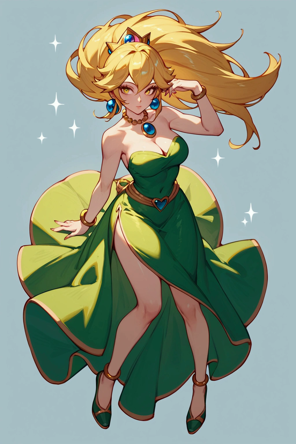 score_9, score_8_up, score_7_up, Akali (league of legends), 1 girl, yellow eyes, blonde hair, sexy, full body, squinty eyes, earrings, long eyelashes, sexy, big bust, pretty face, dressed as peach (Mario Bros), green dress