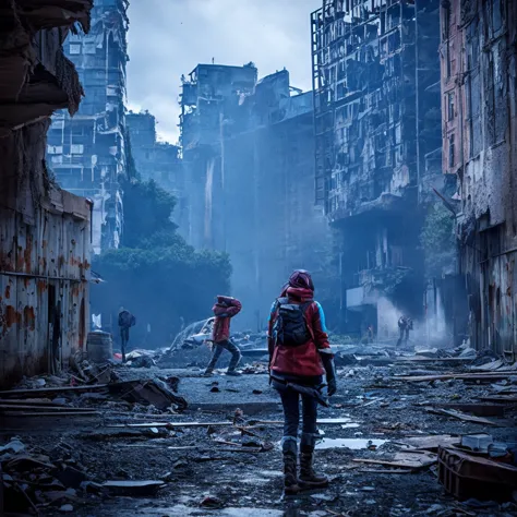 a girl ，and partners，, them，in the apocalypse，the ruins of the city, blue and red tones, desperate search.，human base