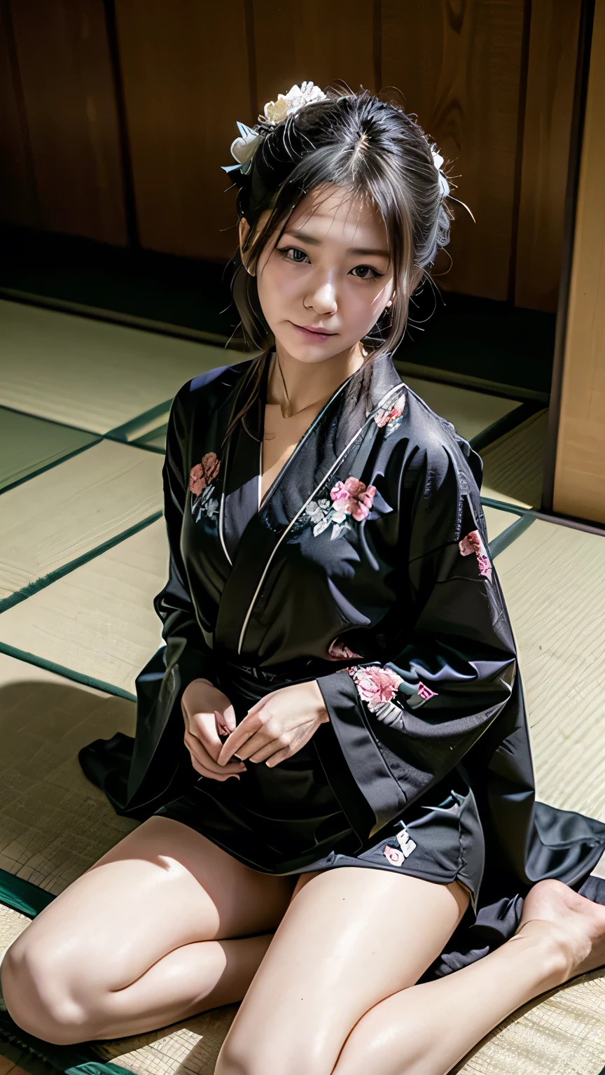 Woman lying on futon、(Black kimono with white floral pattern:1.3、Miniskirt kimono)、(Sitting in a Japanese house、Girl&#39;s Room)、(Squint your eyes and laugh、A big smile)、(Realistic、As shown in the picture、Live Action、8k, Realistic, RAW Photos, Best image quality: 1.4), SLR camera、RAW Photos, Best Quality, Realistic, Highly detailed CG Unity 8K wallpaper, Written boundary depth, Cinematic Light, Lens Flare, Ray Tracing, Realistic background、((White skin))、 ((whole body:1.5))、(Long black hair、Put your hair up)、I like that style、stylish、Very detailed、Pay attention to the details、Perfect outfit、View from below