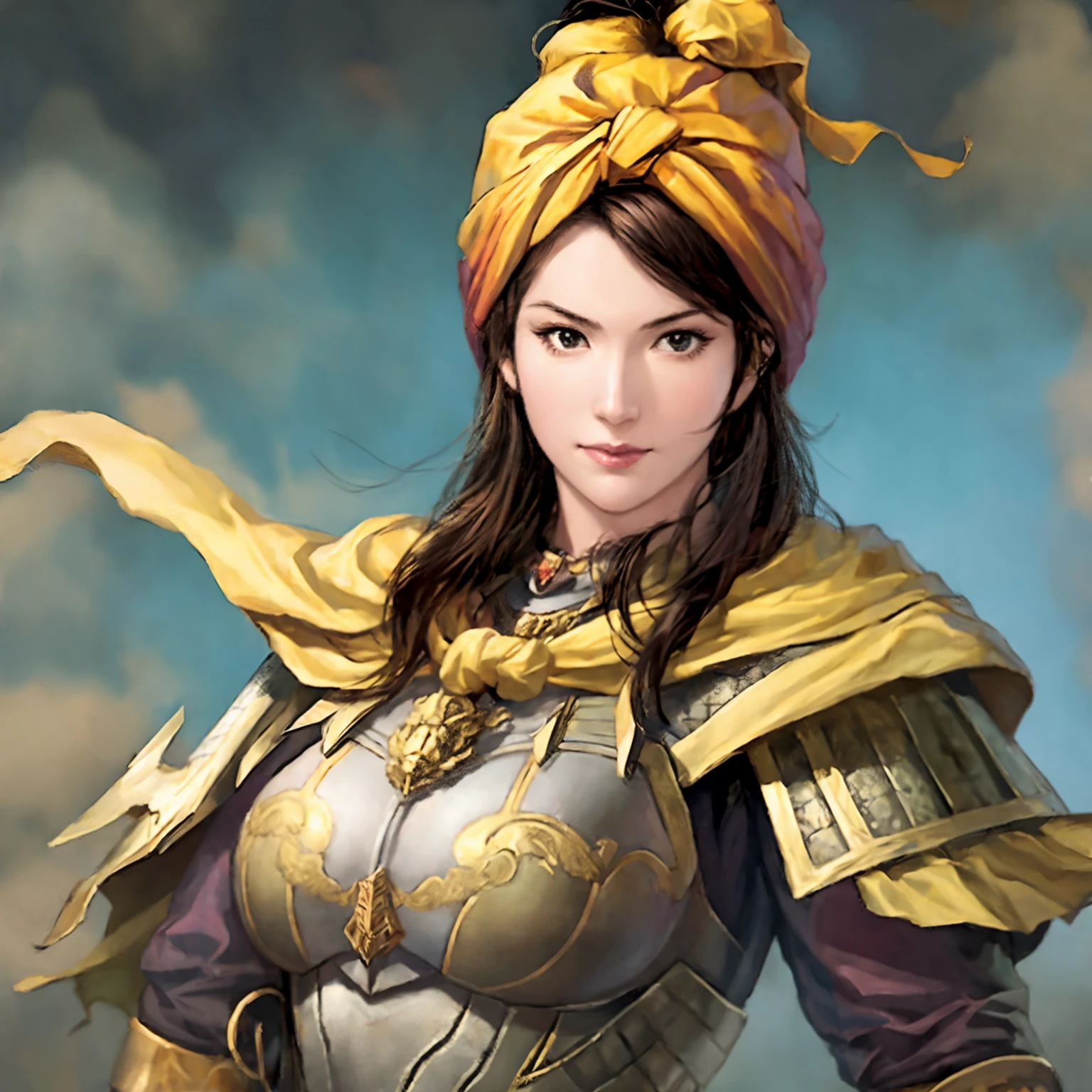 1girl:1.5, masterpiece, best quality, best detail, best proportion, best anatomy, best face, best shaped breasts, sangokushi11, upper body, blur:1.2, armor, 40years old milf, fatty:1.3,  (Eyes Wide Open, gaze, shout):1.8, (yellow_turban_rebellion):1.4