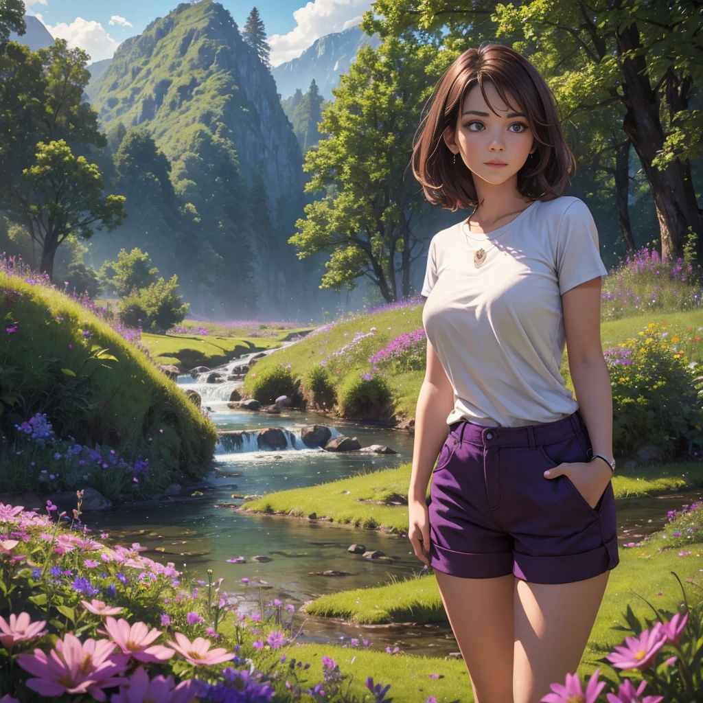 A beautiful woman with short purple-brown hair, purple eyes, wearing a light brown t-shirt and shorts, standing in a stream, with a field of flowers, large forest and mountains in the background, (best quality,4k,8k,highres,masterpiece:1.2),ultra-detailed,(realistic,photorealistic,photo-realistic:1.37),cinematic lighting,dreamlike atmosphere,vibrant colors,intricate details,highly detailed face and eyes,elegant pose,serene landscape,lush foliage,rolling hills,dramatic skies